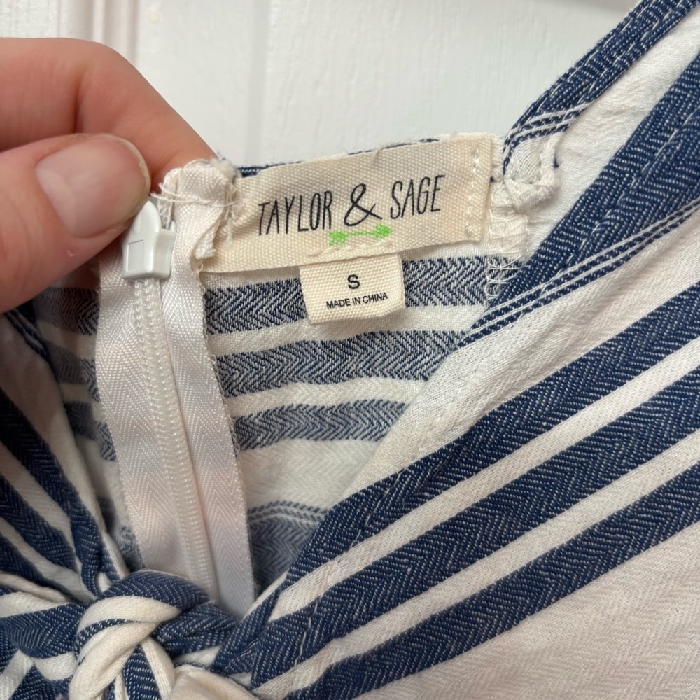 Blue Linen-Blend Striped Wide Leg Jumpsuit | Taylor & Sage S - Picture 6 of 11